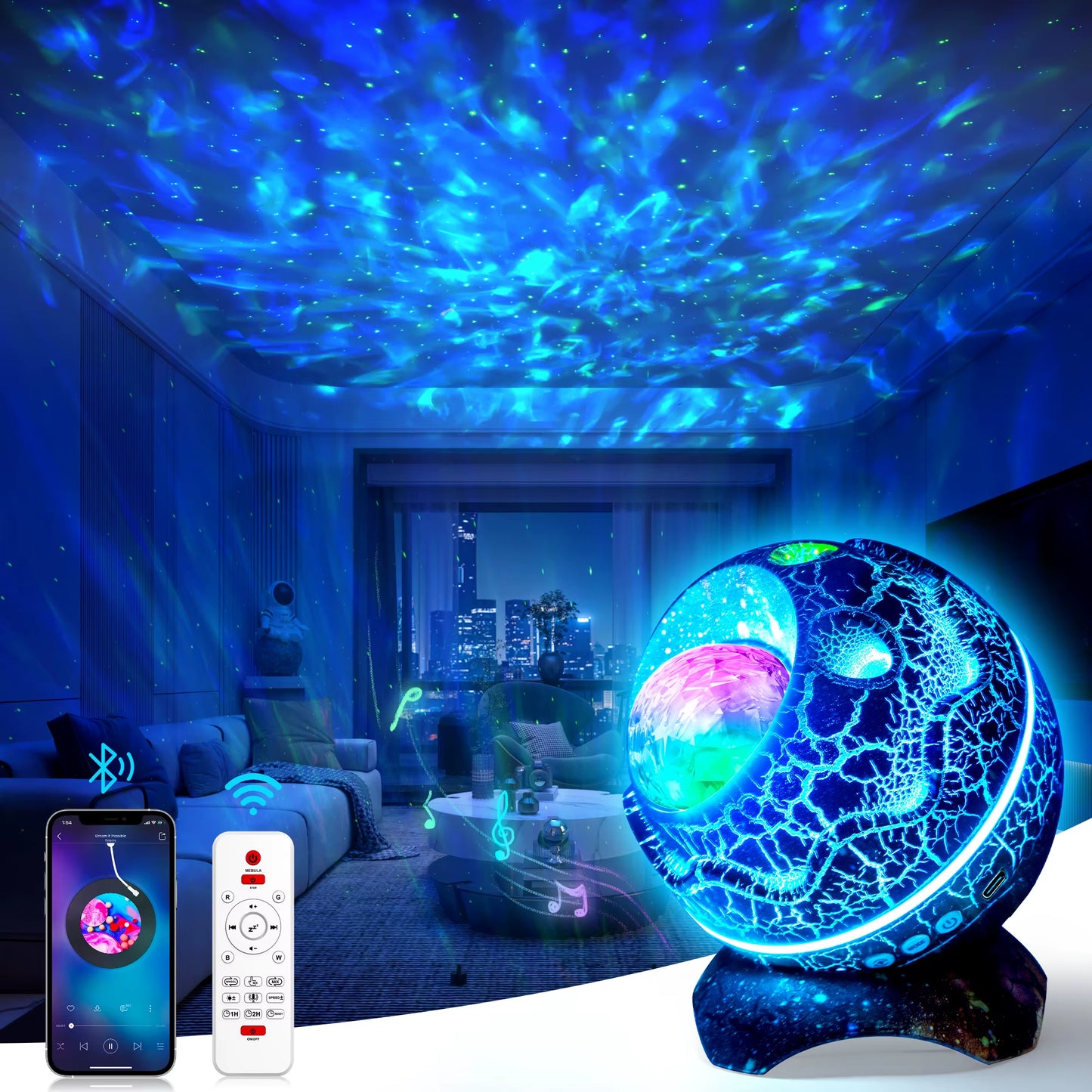 Dinosaur Egg Galaxy Star Projector Starry Light ,360° Rotation Night Light Projector with Remote White Noise Timer BT