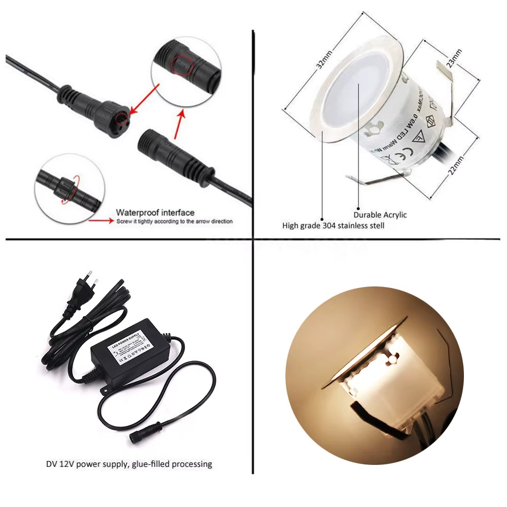DC12V LED Deck Light IP67 Waterproof Underground Lamp Recessed Landscape Spotlight Garden Pathway Step Deck Light EU/US/UK/AU