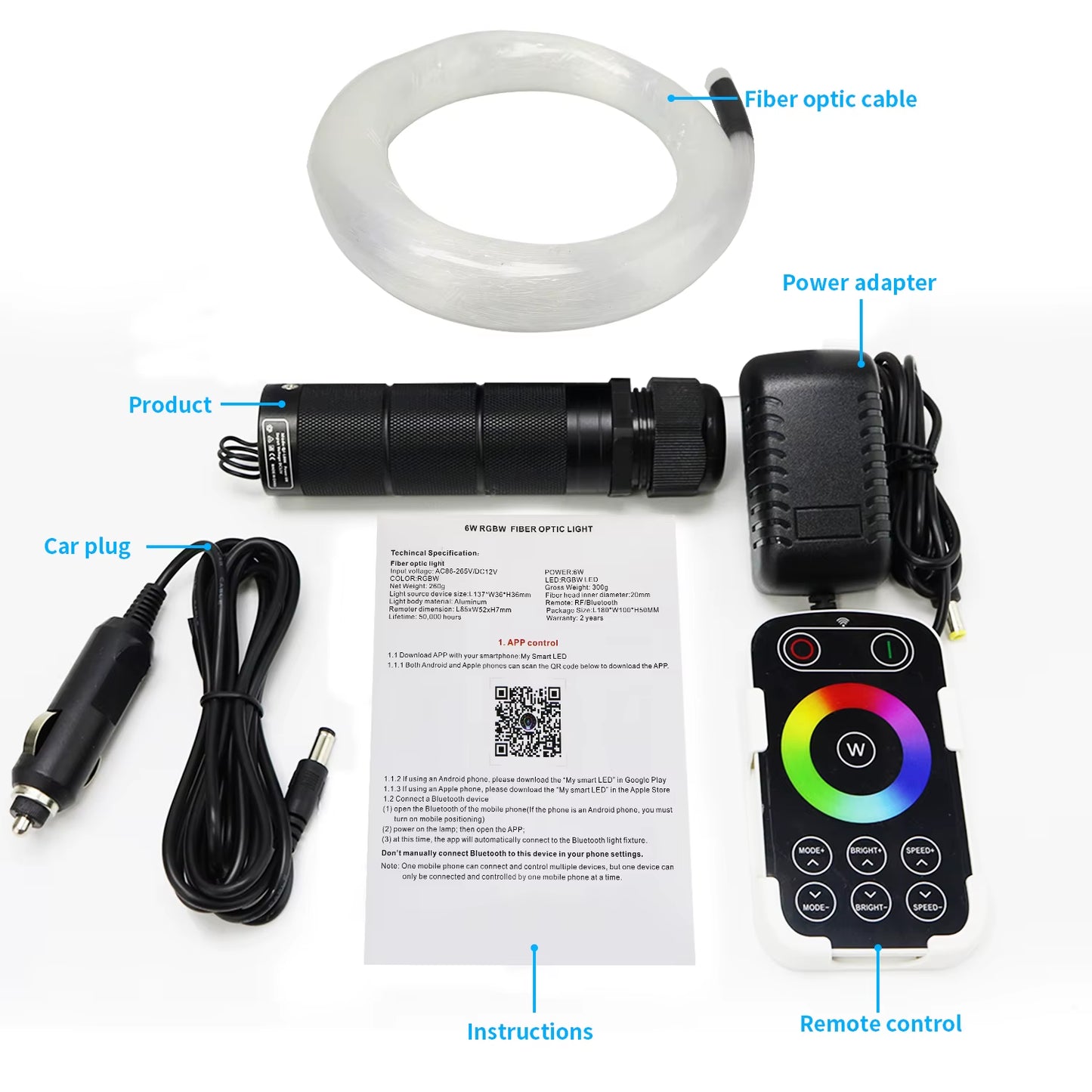 DC12V 6W RGBW Car Roof Star Lights LED Optic Star Ceiling Light Kits APP Touch RF Controller Led Car Starry Sky Ceiling Lamp