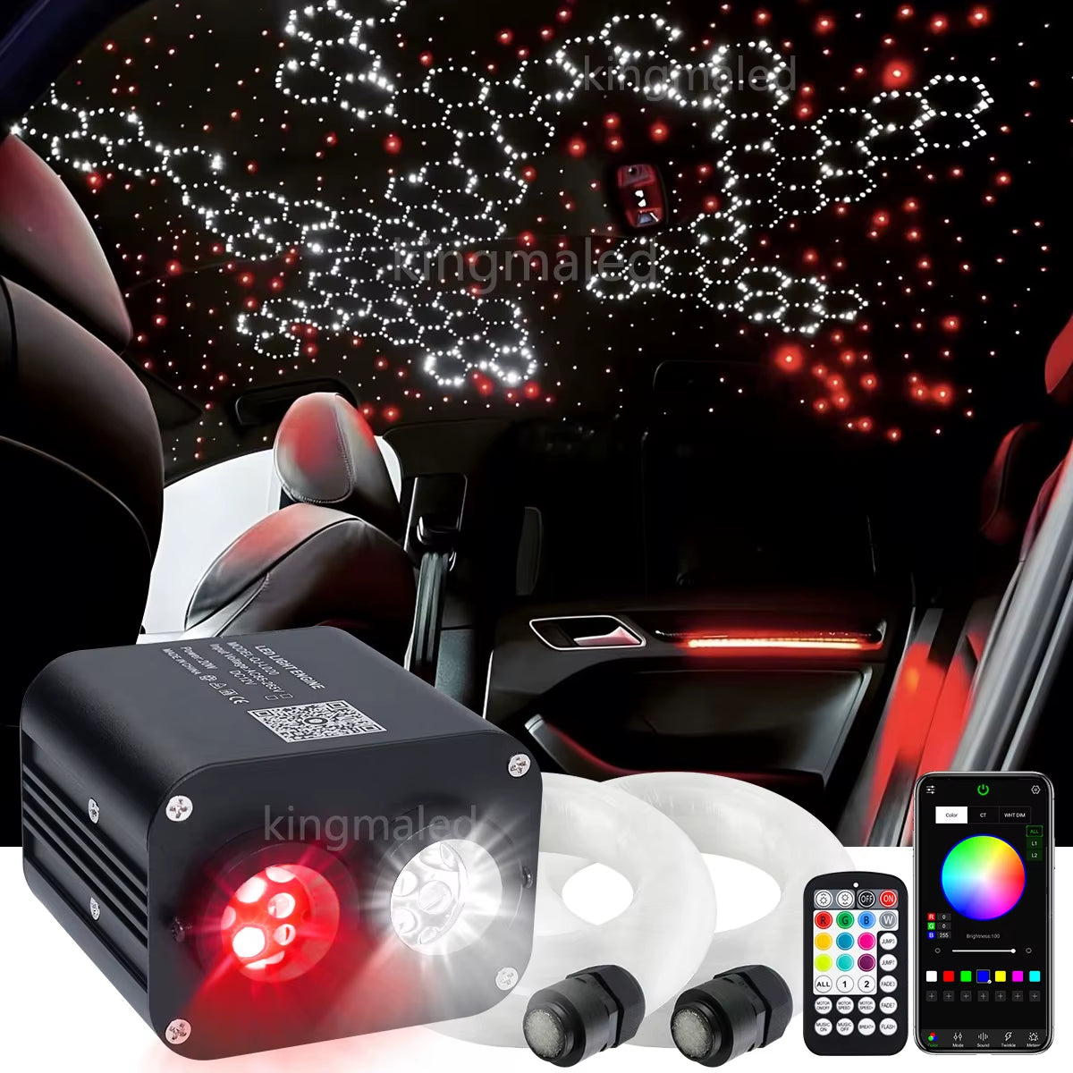 20W RGBW Double Head Car Starry Sky Music Control Car Roof Star Fiber Optic Star Ceiling Kit Smart APP Twinkle Fiber Optic Light