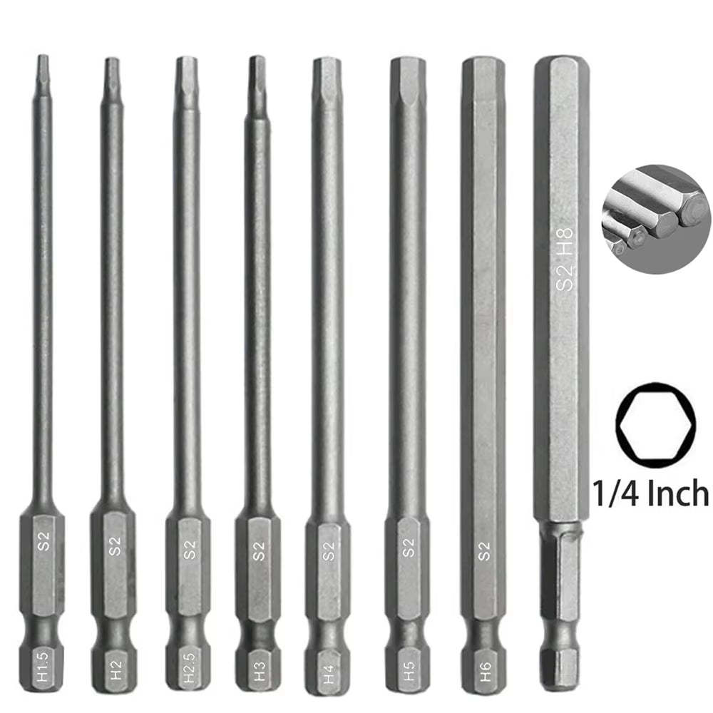 New 8Pcs 1/4" Hex Shank Head 100Mm SAE Metric Allen Wrench Screwdriver Socket Bit Metric Magnetic Screwdriver Bits Set