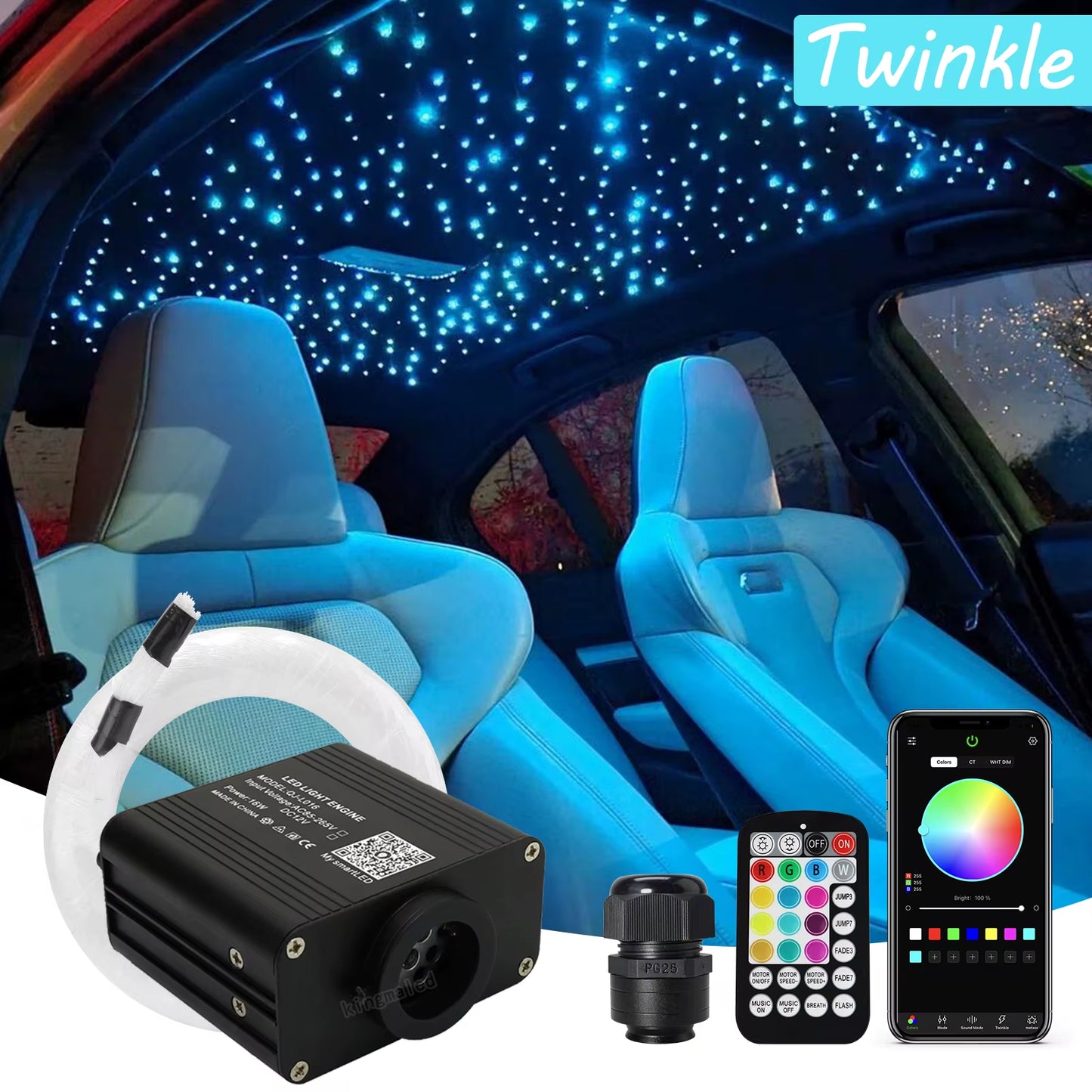 New 16W Twinkle RGBW Fiber Optic Star Ceiling Lights Kit Smart APP Sound Control LED Engine for Car Starry Sky Fiber Optic Light