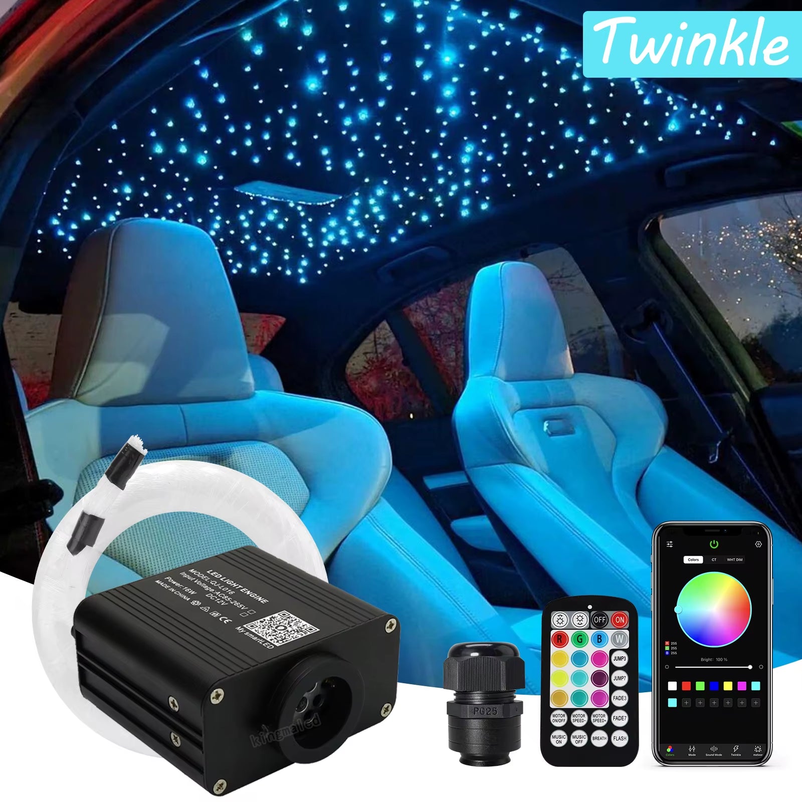 New 16W Twinkle RGBW Fiber Optic Star Ceiling Lights Kit Smart APP Sound Control LED Engine for Car Starry Sky Fiber Optic Light